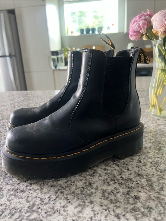 Dr. Martens Shoes - Dr. Martens Black Platform Chelsea Boots with Yellow Welt Stitching